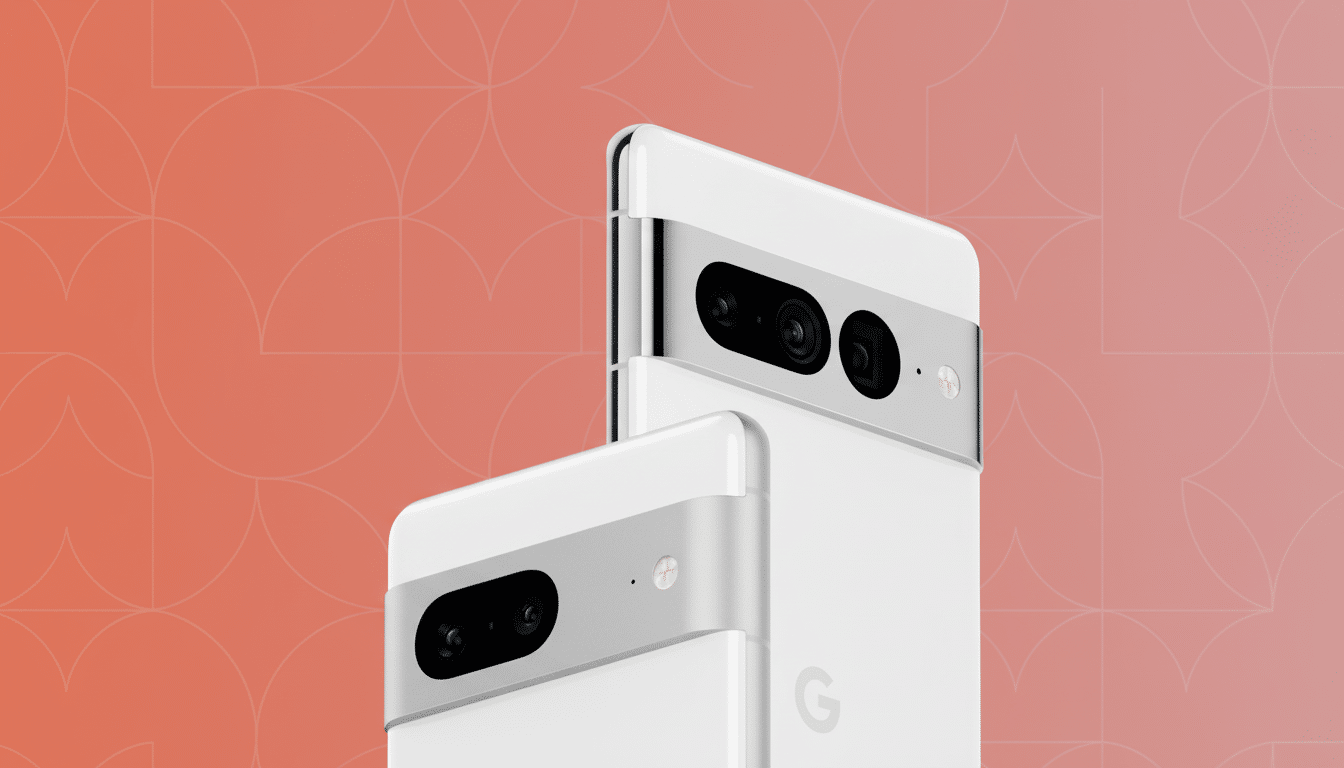 Two white Google Pixel phones with camera bars against a soft orange background with subtle geometric patterns.
