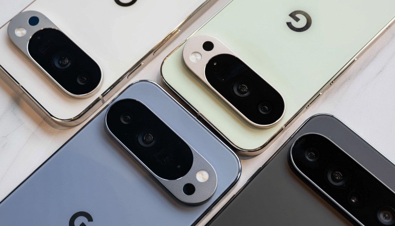 A close-up, high -angle shot of multiple Google Pixel phones in various colors, including white, light green, light blue, and dark gray. The Google lo