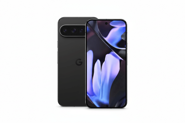 A professional image of two black Google Pixel phones, one showing the back with a G logo and camera bar , and the other showing the front screen displaying a vibrant , abstract purple and blue wallpaper . The phones are centered on a clean white background.