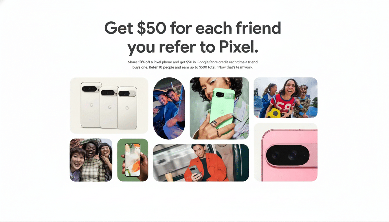 Google Pixel referral program advertisement showing various images of people using Pixel phones and three white Pixel phones in a row. The main headli