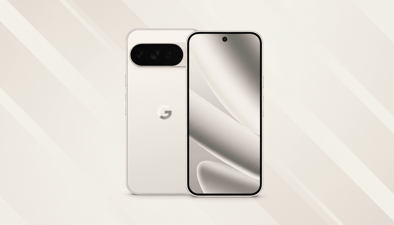 A professional shot of a Google Pixel smartphone , front and back, presented on a subtle gradient background with soft diagonal patterns .