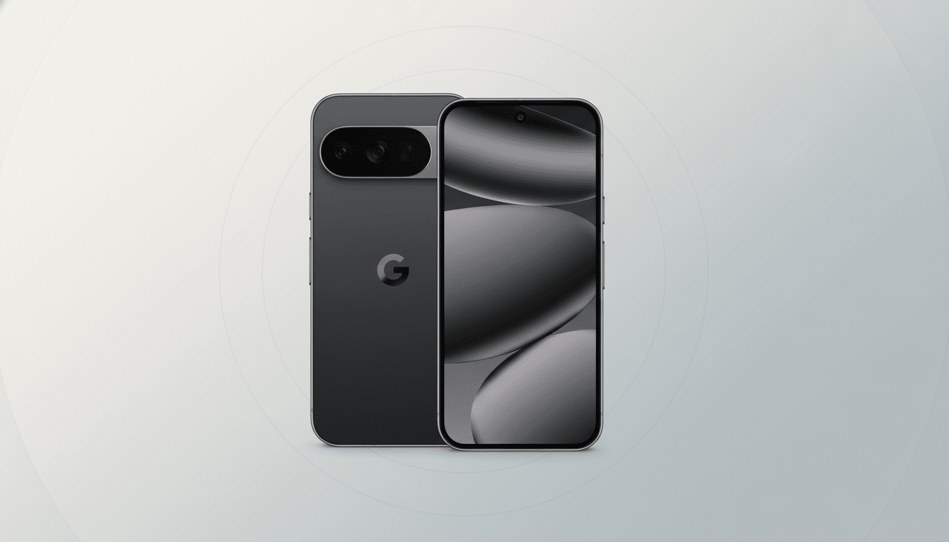 A black Google Pixel smartphone, showing both the front and back, against a professional flat design background with a soft gradient.