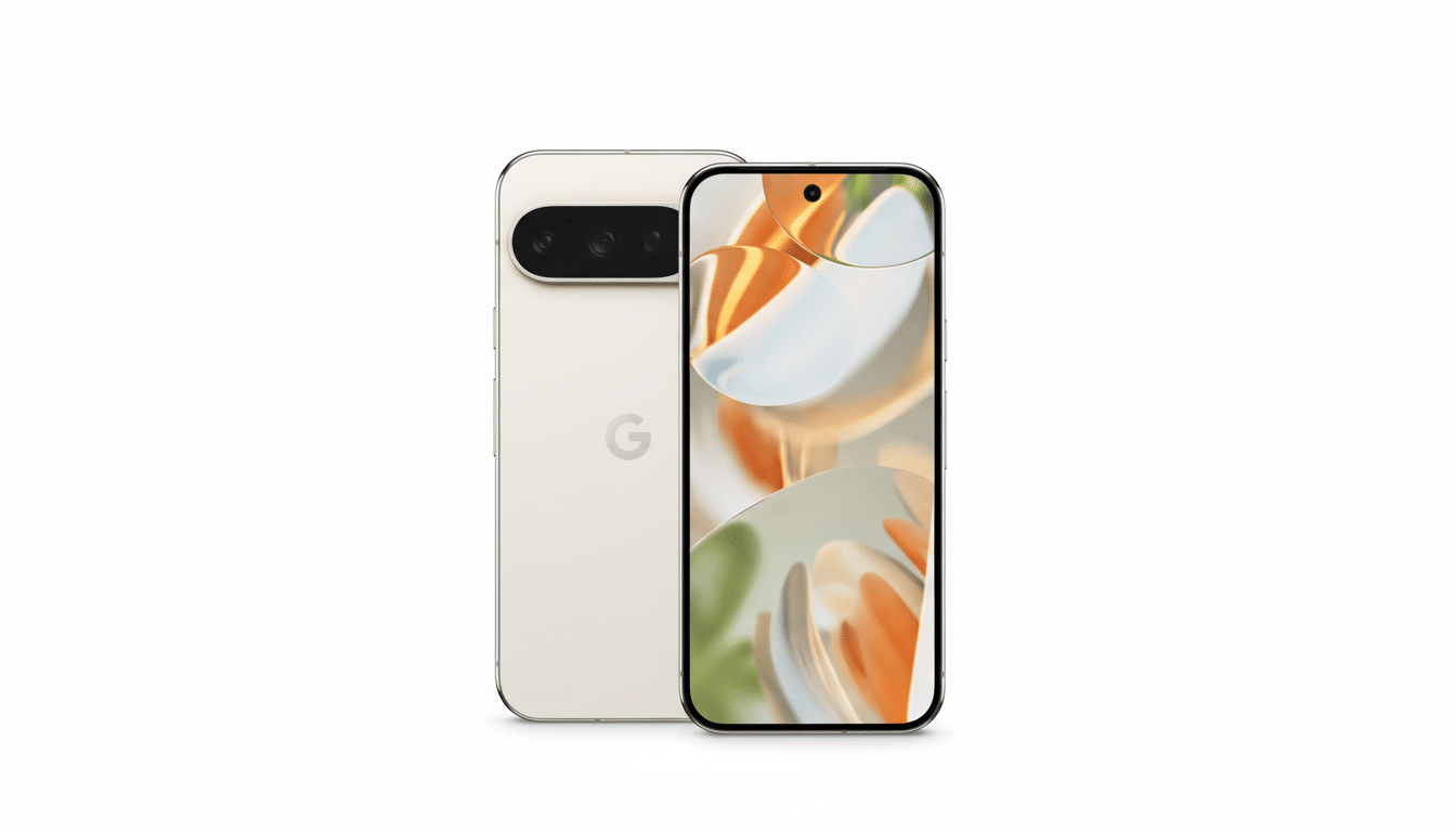A professional shot of a Google Pixel smartphone , front and back, presented on a clean white background. The front screen displays an abstract wallpaper with soft orange and white flowing shapes. Filename : googlepixel smartphone professional display .png