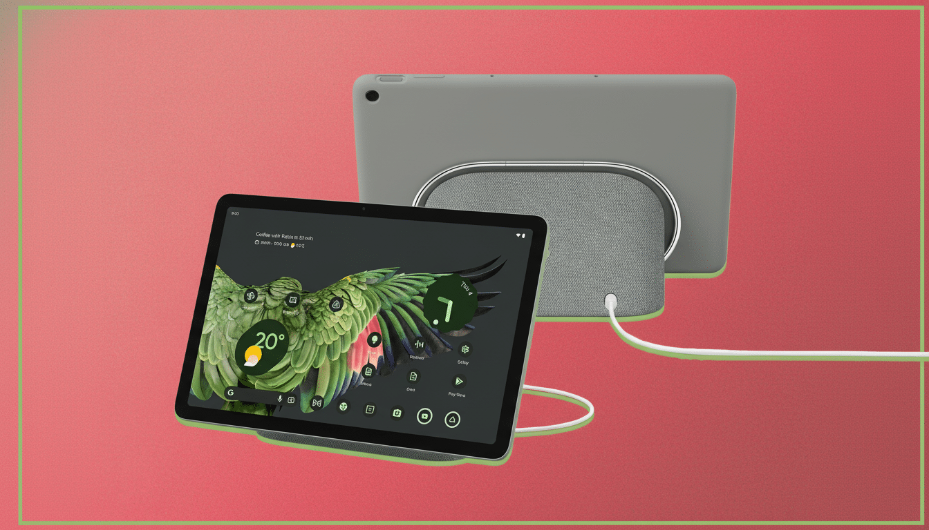 A grey tablet displaying a colorful bird wallpaper , positioned on a charging stand, with a second grey tablet in the background also on a charging stand .