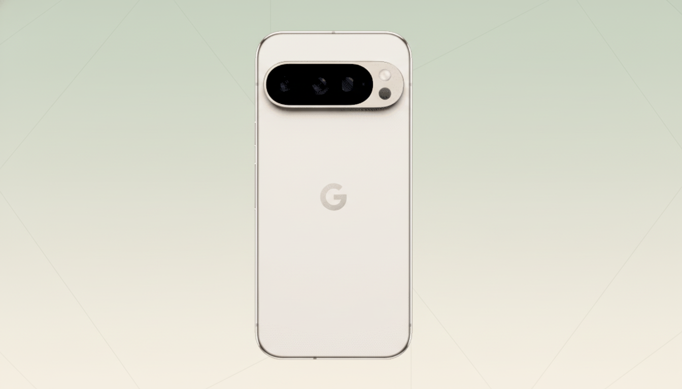 A white Google Pixel 7 Pro smartphone is centered on a professional flat design background with soft green and white gradients and subtle geometric patterns.