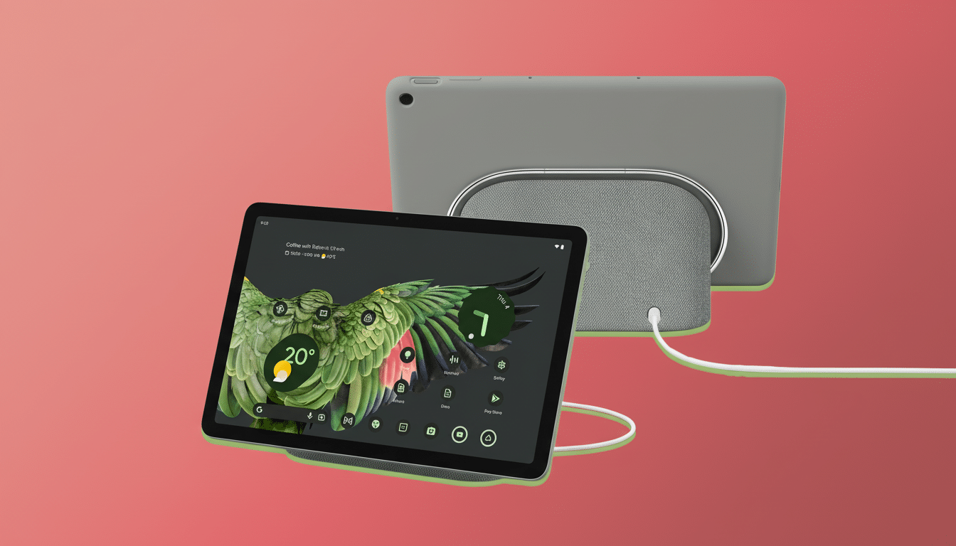 A grey tablet displaying a colorful bird wallpaper , docked on a fabric speaker base , with another grey tablet standing upright behind it. The devices are set against a solid reddish -pink background.