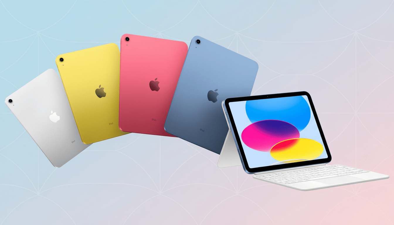 A row of five iPads in silver, yellow, pink, blue, and an opened blue iPad with a white keyboard, all set against a soft, gradient background with sub