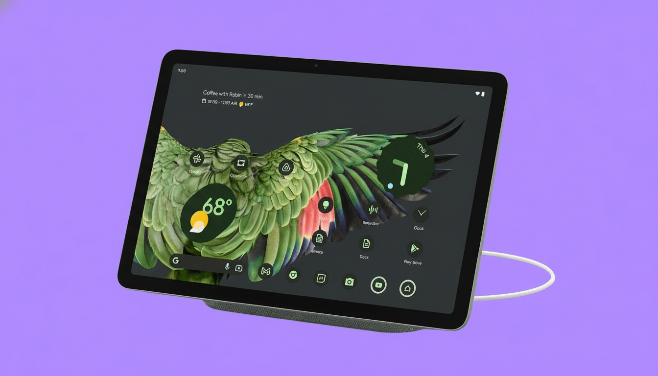 A Google Pixel Tablet in landscape mode, displaying a green bird wallpaper and various app icons, shown on a stand with a charging cable, against a so