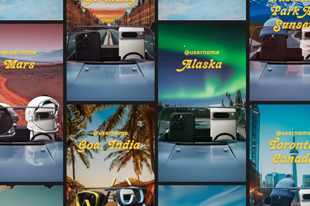 An image showing various phone devices in different scenic locations, designed as