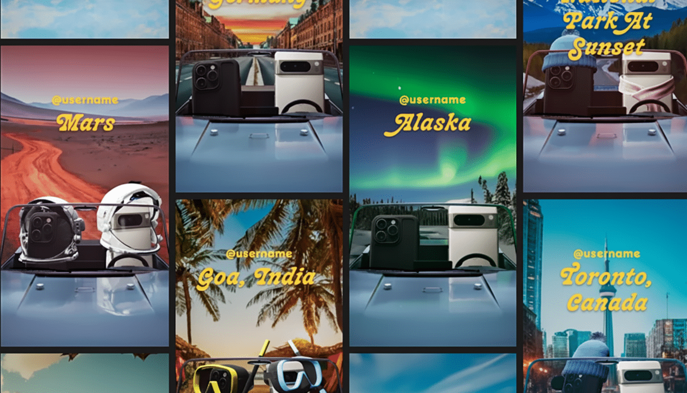 An image showing various phone devices in different scenic locations, designed as