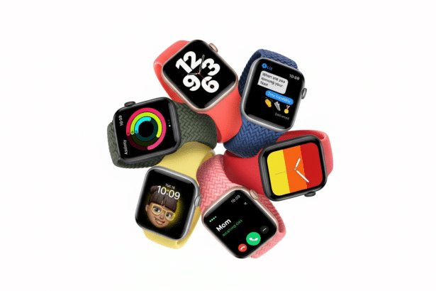 A professional arrangement of several colorful Apple Watches on a white background , showcasing various watch faces and strap colors. Filename : applewatches arrangement. png