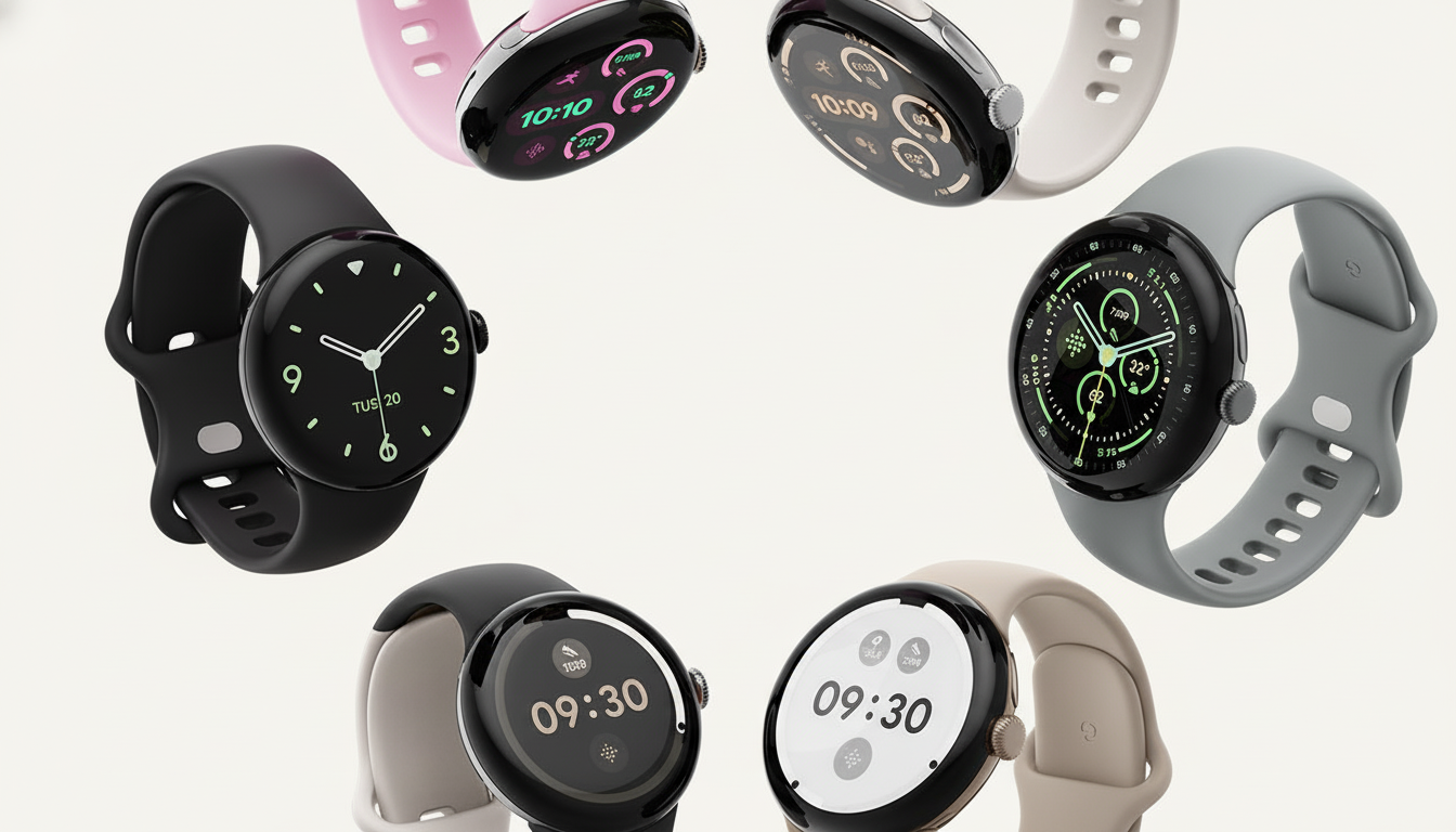 A collection of six Google Pixel Watches in various colors (black, pink, grey, and beige) arranged in a circular pattern on a light background.