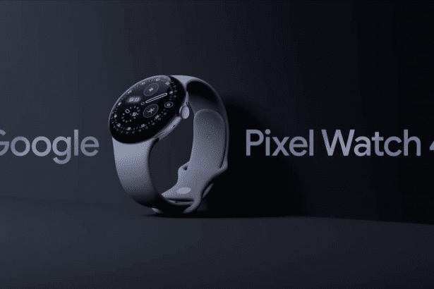 A Google Pixel Watch 4 with a light gray band is centered against a dark gray background, with Google on the left and Pixel Watch 4 on the right in light gray text.