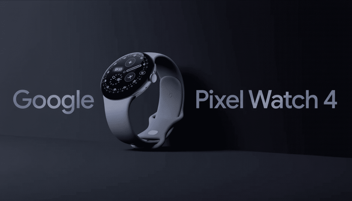 A Google Pixel Watch 4 with a light gray band is centered against a dark gray background, with Google on the left and Pixel Watch 4 on the right in light gray text.