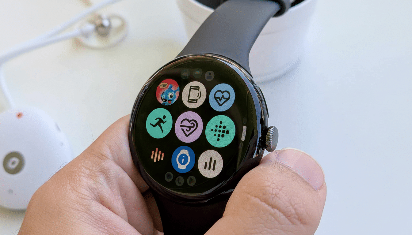 A hand holding a Google Pixel Watch displaying a grid of colorful app icons on its screen , with a black band visible .
