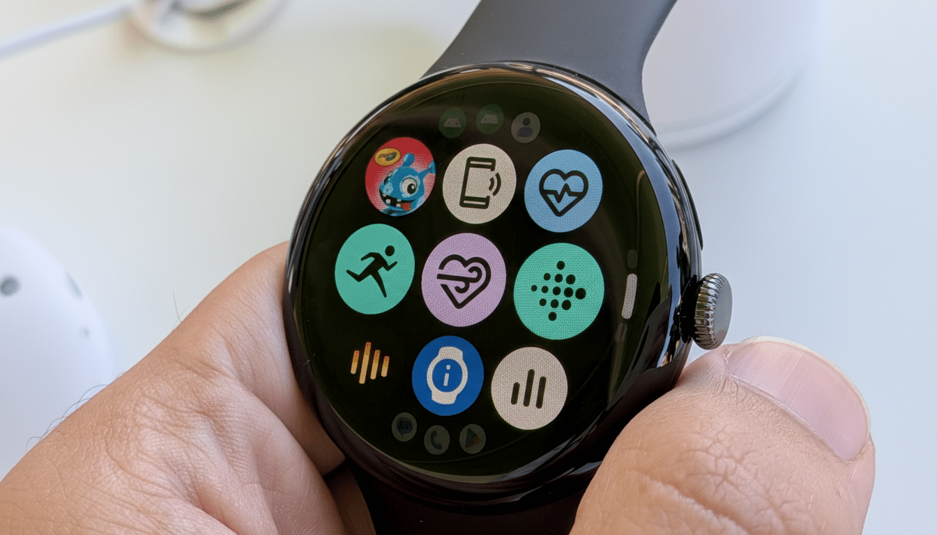 A hand holding a Google Pixel Watch with a vibrant display of app icons.