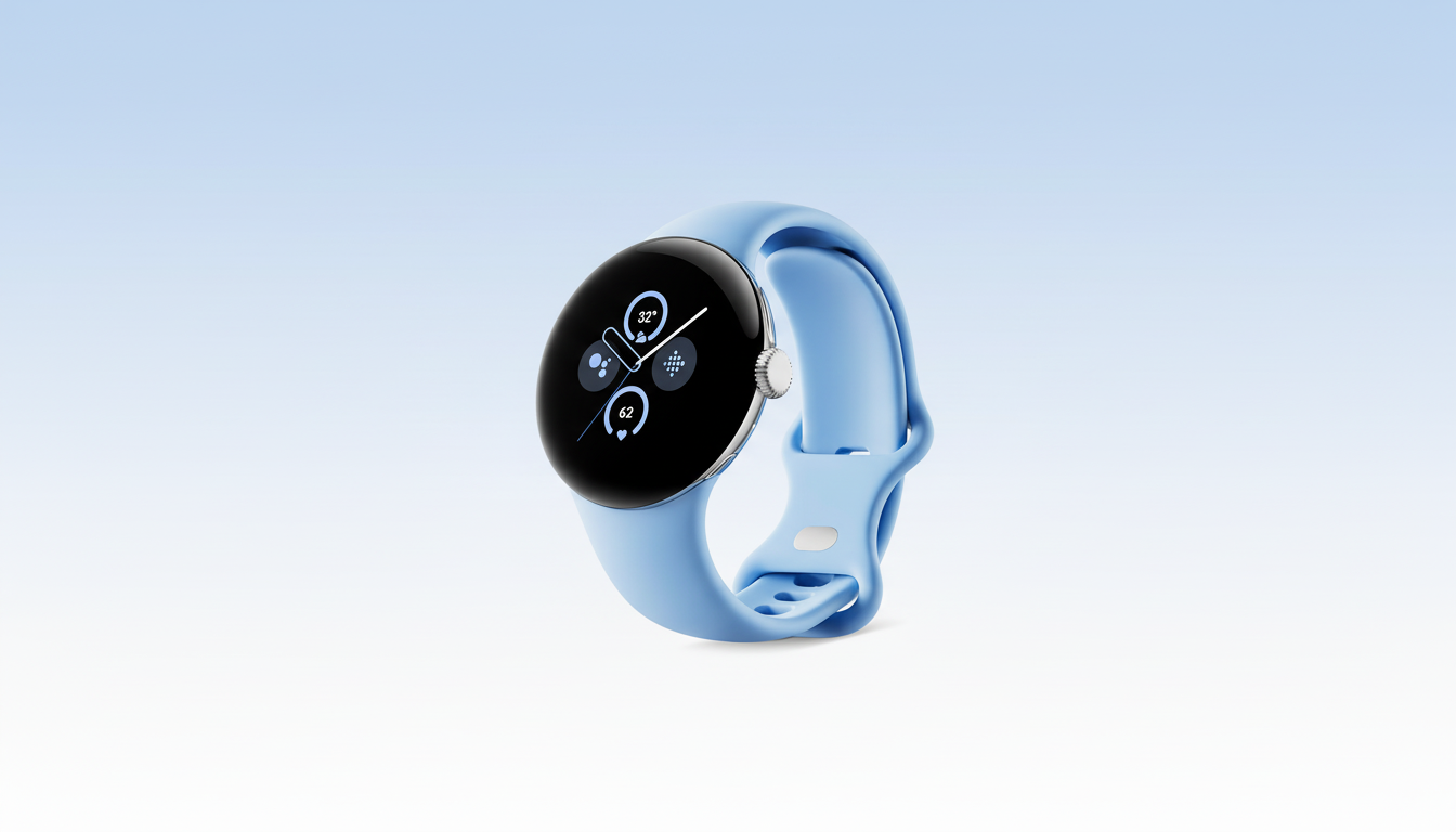 A light blue Google Pixel Watch with a black screen displaying various icons, set against a professional light blue gradient background.