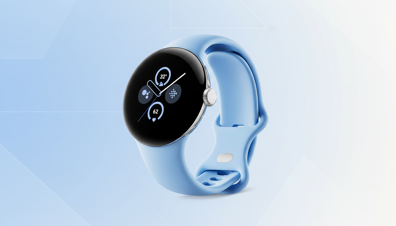 A light blue Google Pixel Watch with a black screen displaying various app icons and data, set against a professional light blue and white gradient background with subtle geometric patterns.