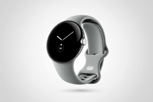 A professional presentation of a Google Pixel Watch with a gray strap and a dark watch face, against