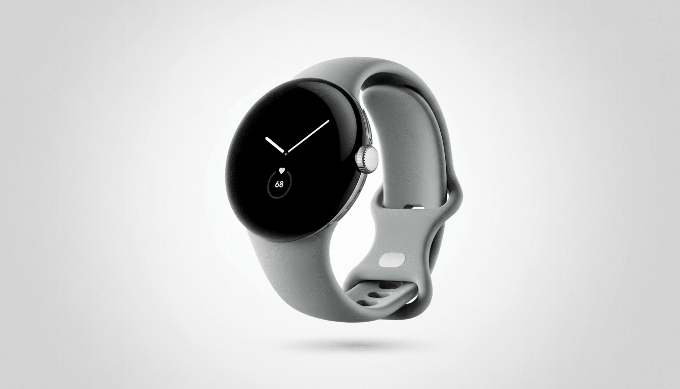 A professional presentation of a Google Pixel Watch with a gray strap and a dark watch face, against