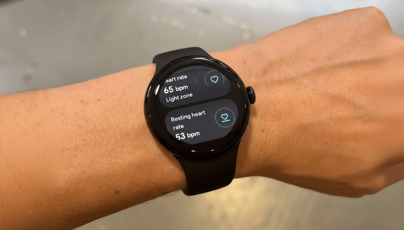 A black Google Pixel Watch on a person's wrist displaying heart rate information .