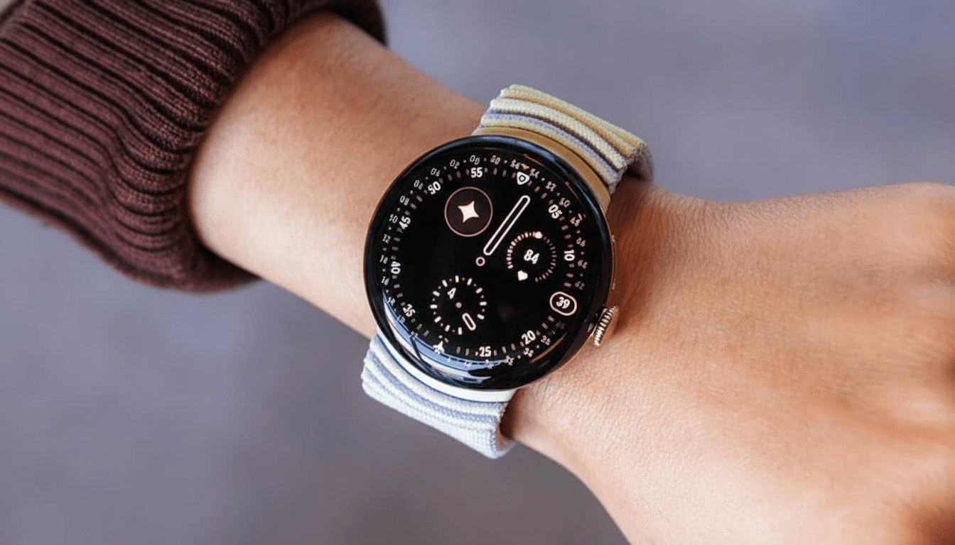 A close -up shot of a Google Pixel Watch with a light- colored striped band on a person's wrist. The watch face shows various data points and icons .