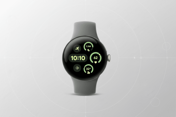 A Google Pixel Watch with a grey band , displaying time, activity, heart rate, and weather, on a professional light grey background with subtle circular patterns. Filename : google pixelwatch professional display .png