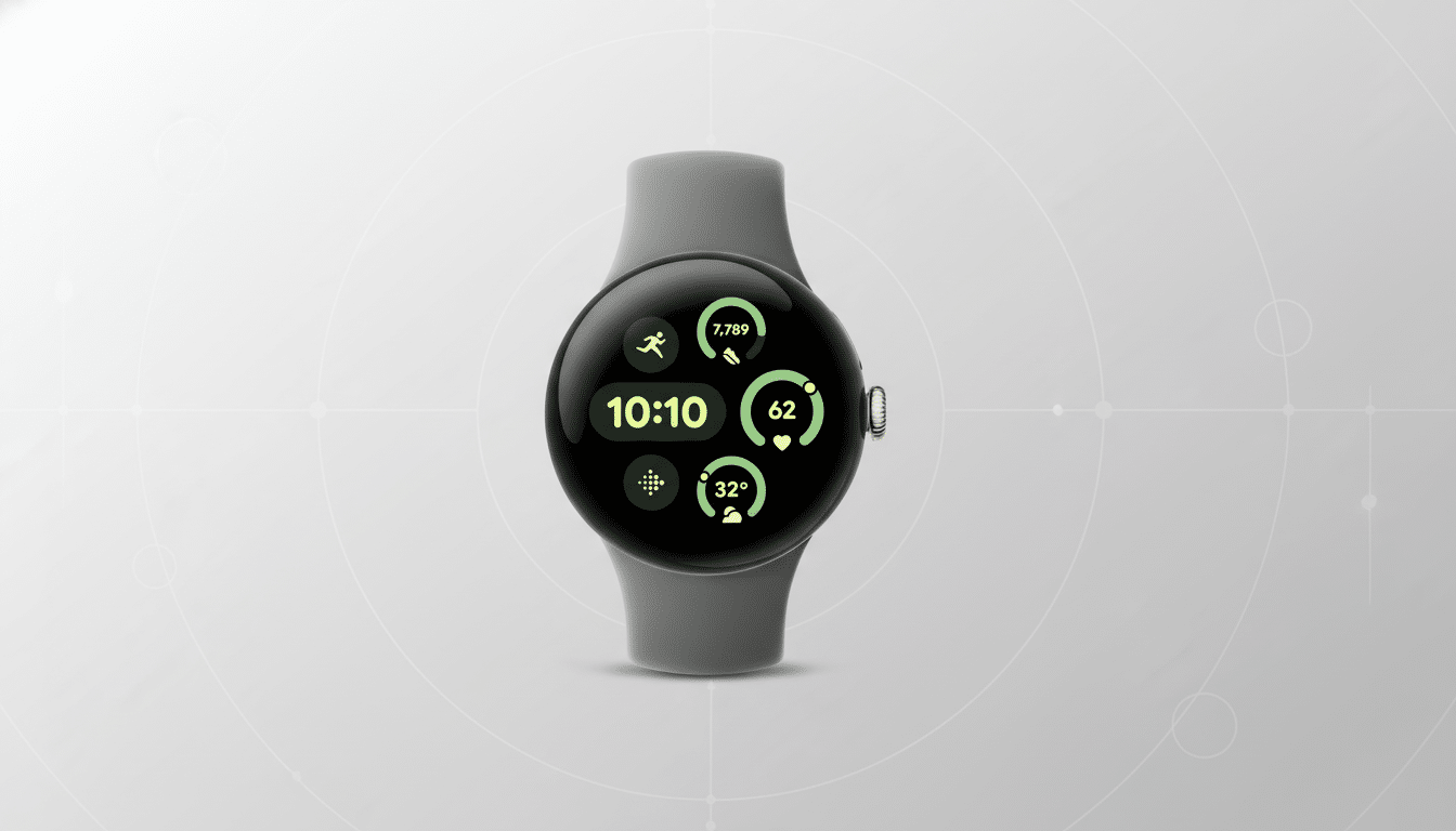 A Google Pixel Watch with a grey band , displaying time, activity, heart rate, and weather, on a professional light grey background with subtle circular patterns. Filename : google pixelwatch professional display .png
