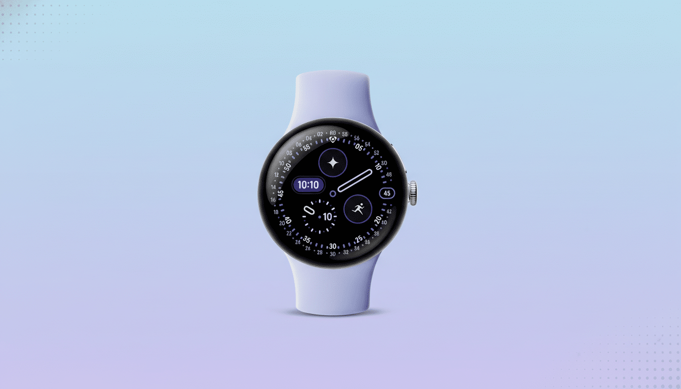 A Google Pixel Watch in a light purple color with a dark watch face displaying the time 10 :10, along with various icons and numbers , set against a professional background with a subtle blue to purple gradient and soft patterns. Filename : google pixelwatch purple gradientbackground .png