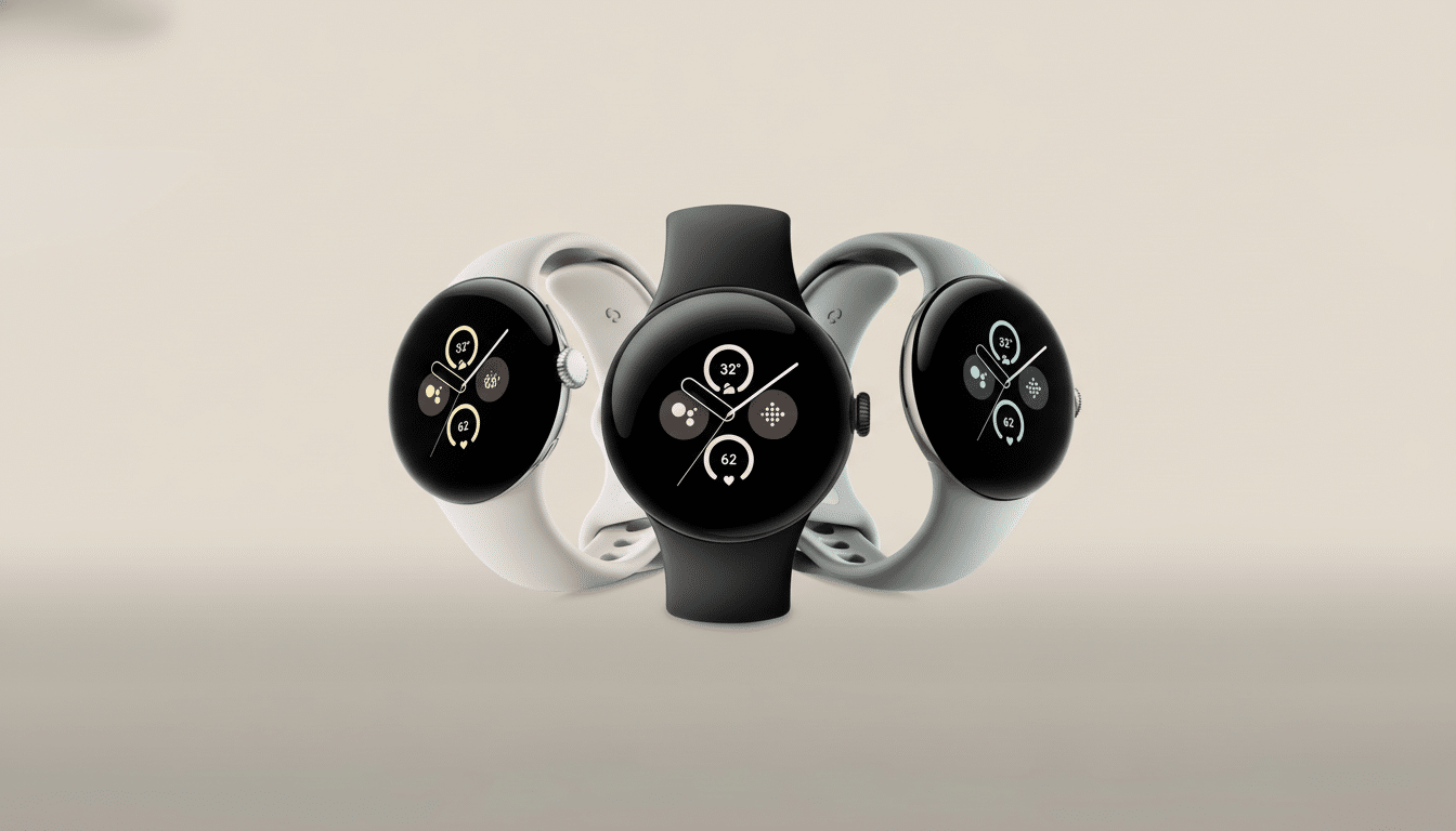 Three Google Pixel Watches with different band colors ( white, black, and gray - green) are displayed on a neutral background . The watches show a dark watch face with weather and activity complications .