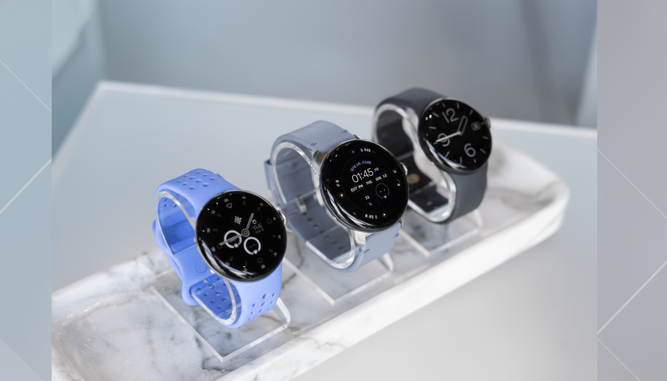 Three Google Pixel Watches with different colored bands (blue, grey , and black) displayed on a marble tray. Filename : googlepixel watchesdisplay .png