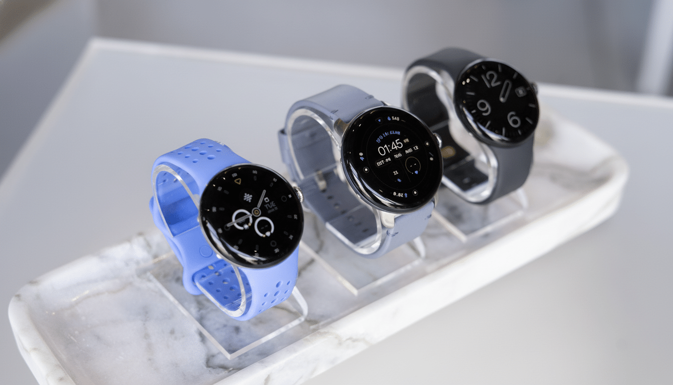 Three Google Pixel smartwatches in blue , gray, and black, displayed on a marble tray .