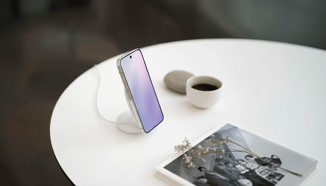 A modern smartphone resting on a wireless charging stand on a white table , next to a cup of coffee and a book with dried flowers. Filename : smartphone wireless charging . png