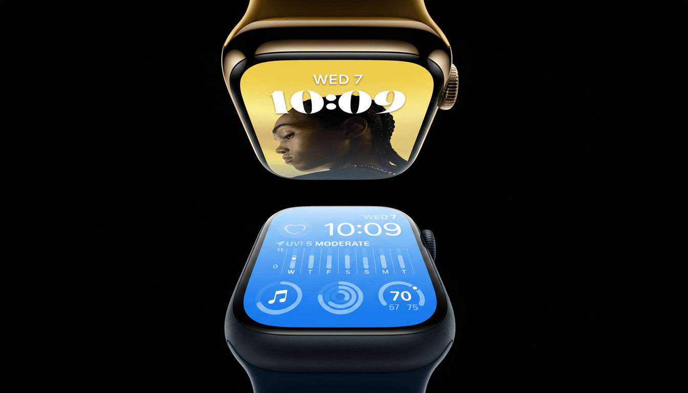 Two Apple Watches, one gold and one dark blue, are displayed on a black background. The gold watch shows a womans profile on a yellow background with