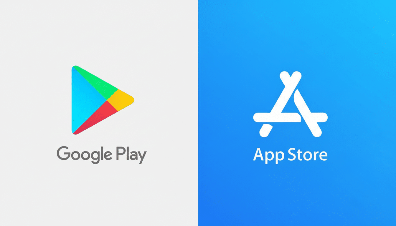 The Google Play logo and the App Store logo displayed side-by- side on a light gray and blue gradient background, respectively.