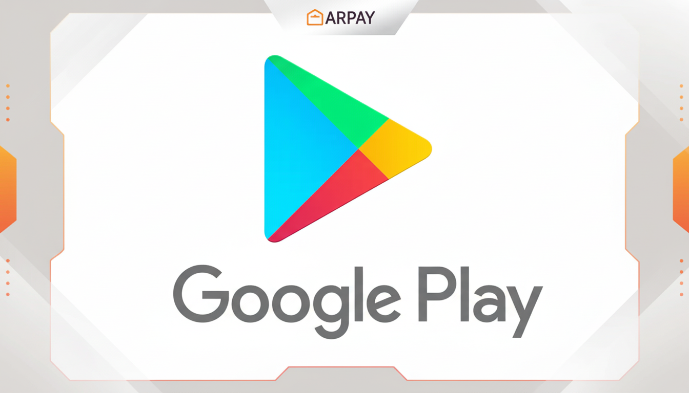 The Google Play logo and text on a white background with a subtle, professional flat design and soft orange patterns on the sides, resized to a 16:9 aspect ratio.