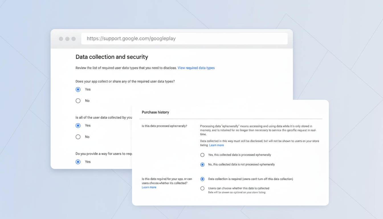 A screenshot of a Google Play data collection and security settings page, displayed within a web browser interface. The page shows various questions about data collection, including radio button selections for Yes or No responses, and a section on Purchase history with details about ephemeral data processing.