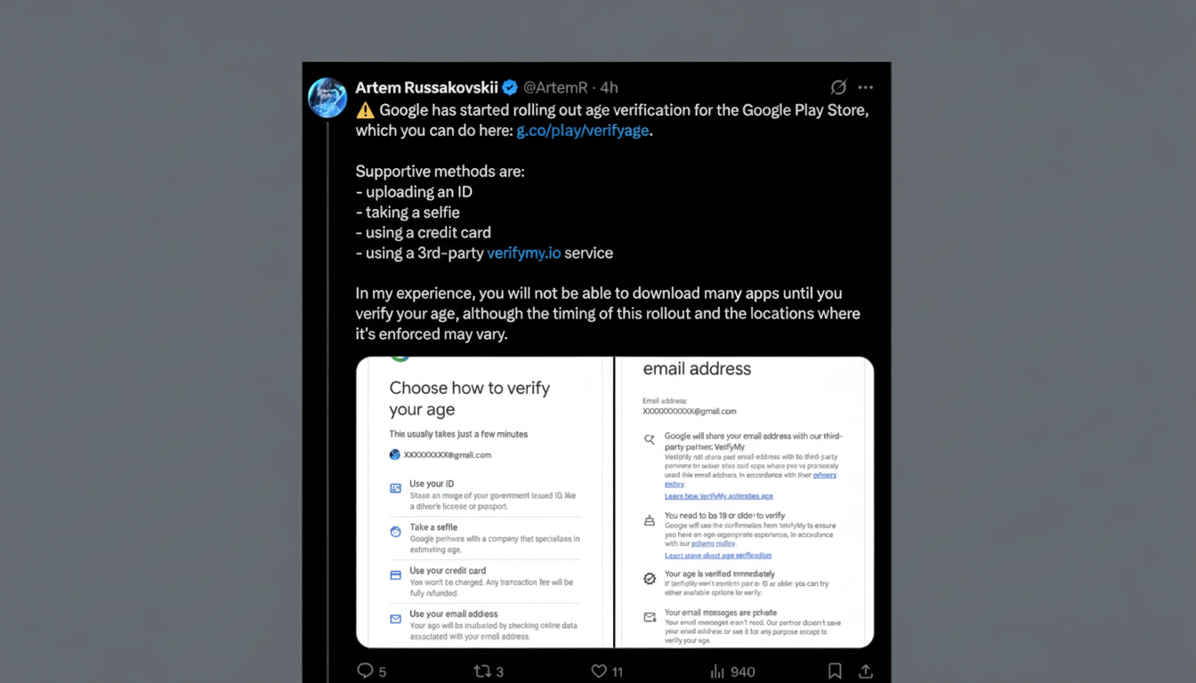 A screenshot of a tweet from Artem Russakovskii about Google rolling out age verification for the Google Play Store. The tweet details supportive verification methods and shows two screenshots of the verification process.