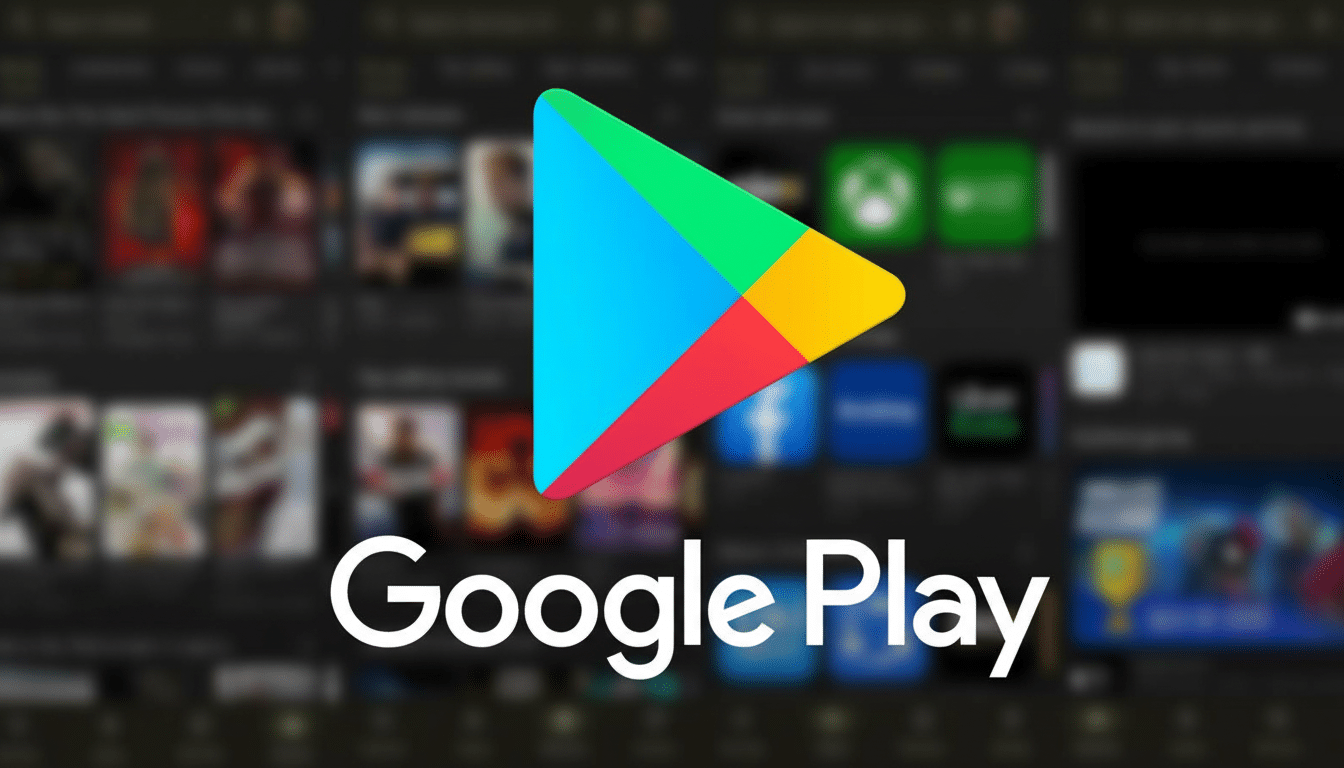 The Google Play logo and Google Play text on a blurred background showing various app icons.