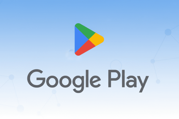 The Google Play logo with the text Google Play below it, set against a professional light blue gradient background with subtle abstract patterns.