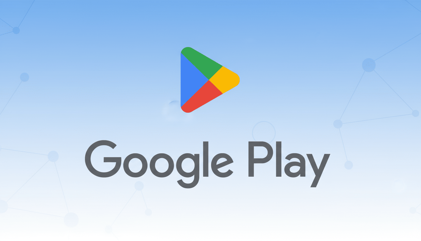 The Google Play logo with the text Google Play below it, set against a professional light blue gradient background with subtle abstract patterns.