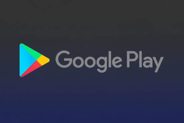 The Google Play logo, featuring a colorful triangular play button icon and the Google Play text in gray , presented on a dark blue and gray gradient background with a subtle geometric pattern.