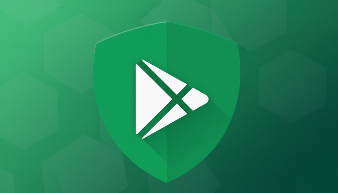 A 16:9 aspect ratio image featuring the Google Play Protect shield logo. The central green shield with a white play button icon is set against a professional flat design background with soft green hexagonal patterns and gradients.