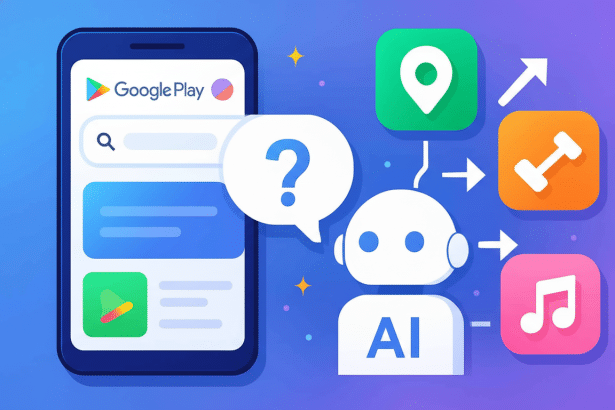 ** An illustration of an AI assistant connected to a Google Play app on a smartphone , suggesting different app categories like maps , fitness, and music. **