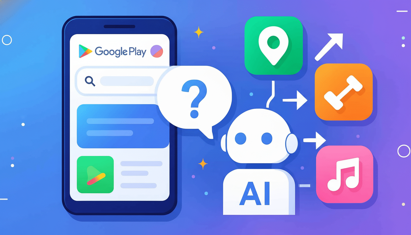 ** An illustration of an AI assistant connected to a Google Play app on a smartphone , suggesting different app categories like maps , fitness, and music. **