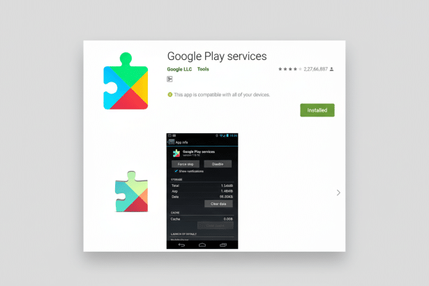 Screenshot of Google Play services app page with a smartphone display of app info.