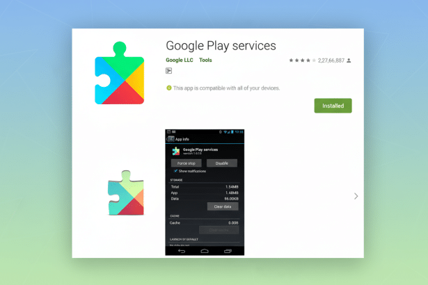 A professional, enhanced image of the Google Play services app page, featuring the colorful puzzle piece icon and app details, set against a soft, gra