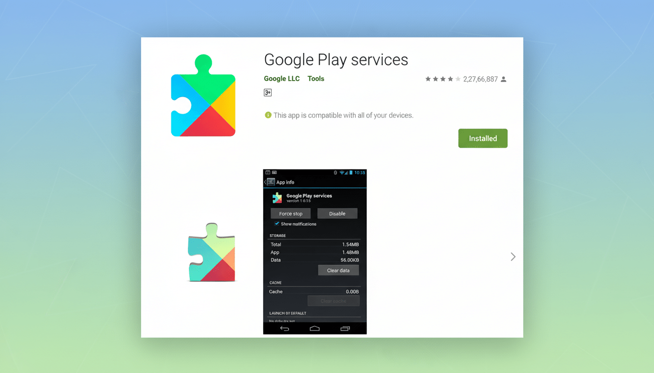 A professional, enhanced image of the Google Play services app page, featuring the colorful puzzle piece icon and app details, set against a soft, gra