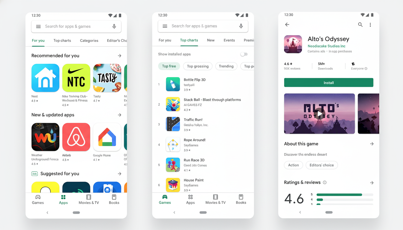 A professional, enhanced image of three mobile phone screens displaying the Google Play Store interface, resized to a 16:9 aspect ratio. The screens show Recommended for you, Top charts, and the app page for Altos Odyssey.