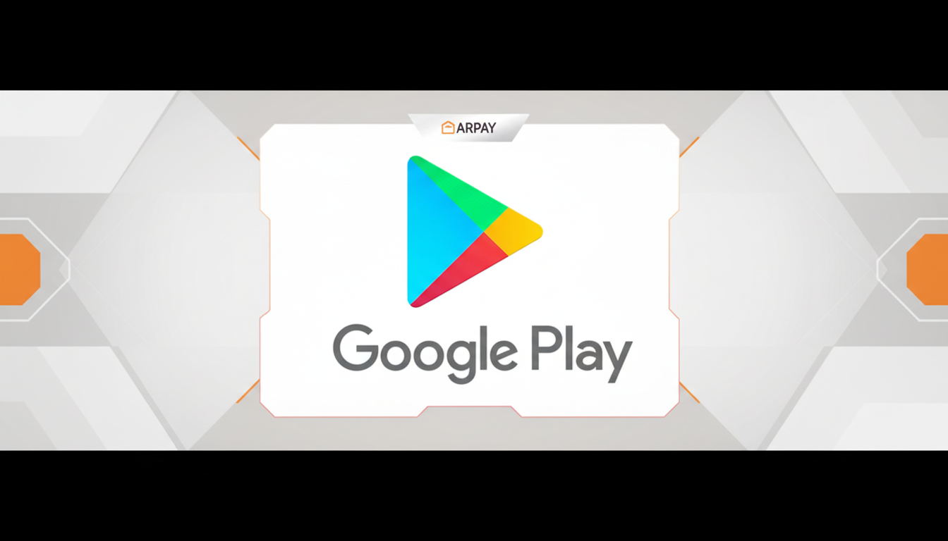 The Google Play logo and text Google Play centered on a white background with an orange and gray geometric border, set against a wider black background to achieve a 16:9 aspect ratio.